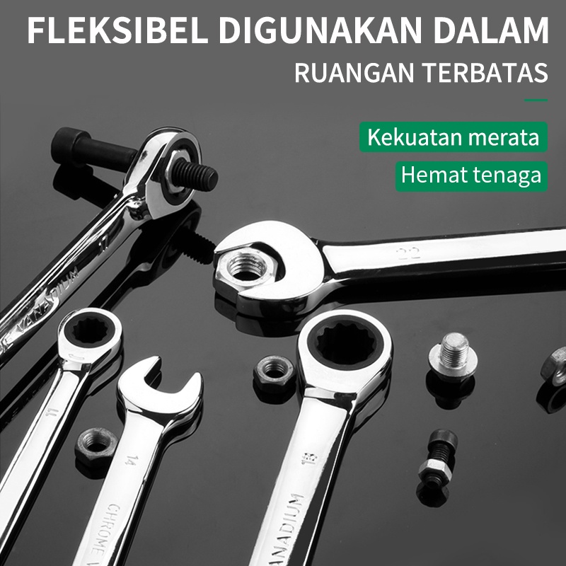 ISKU Kunci Ring Pas Rachet 4pcs 8 10 12 14mm Bahan Kuat Anti Karat Kunci Rachet Multifungsi Bolak Balik 10Mm/kunci shock set/Kunci Flexible Kombinasi