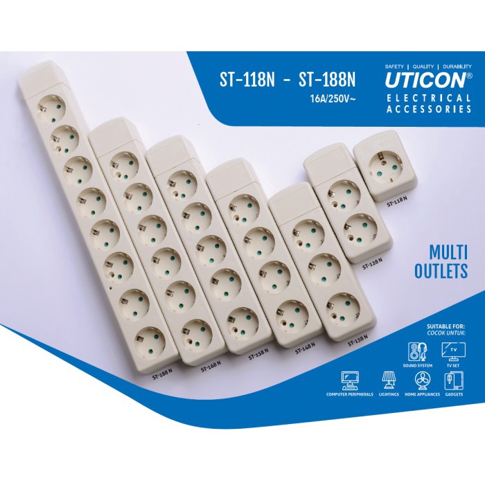 UTICON ST188N TANPA KABEL - Stop Kontak 8 Lubang Arde + Terminal Panel Multi Outlet