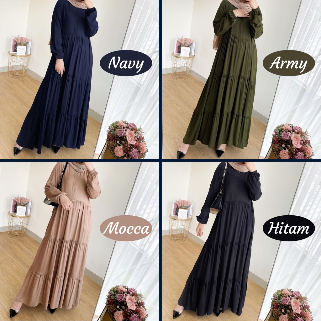 Elmeera Midi Dress Wanita Muslim Remaja Busui Friendly Jumbo Polos Bahan Rayon Uniqlo Premium Ld 114 cm /Gamis Wanita Terbaru 2021