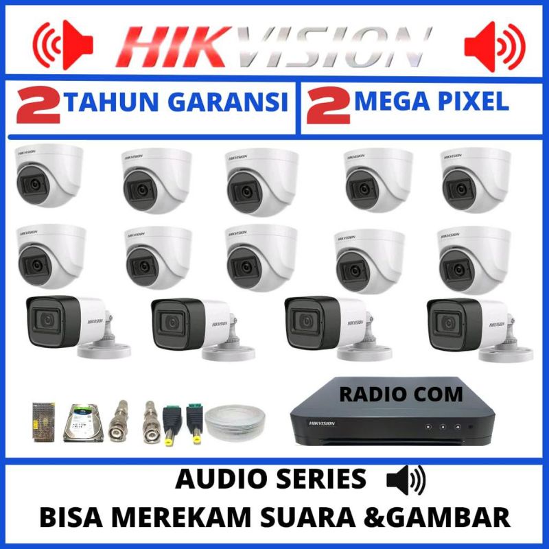 PAKET CCTV HIKVISION AUDIO 16 CHANNEL 14 KAMERA 2MP 1080P KOMPLIT TINGGAL PASANG