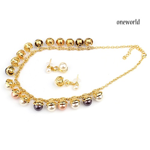 OW@ Women Faux Pearls Rhinestone Chain Necklace Earrings Wedding Bride Jewelry Set