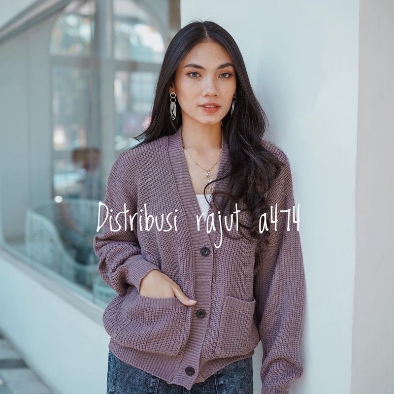 CARDIGAN SAKU OVERSIZE CROP POCKET SELLY RAJUT KANCING TEBAL LEMBUT
