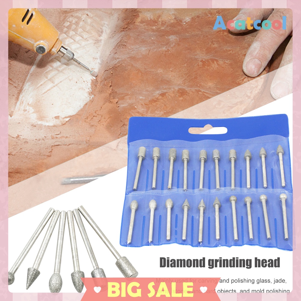 20pcs Diamond Grinding Heads 3mm Shank Mini Bit Set for Rotary Drill Tool