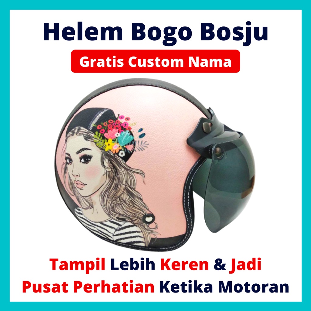 Helm Bogo Motif Bunga Gadis Peach | Custom Warna Nama | Helem Retro Klasik Anak Cewek Wanita Remaja 