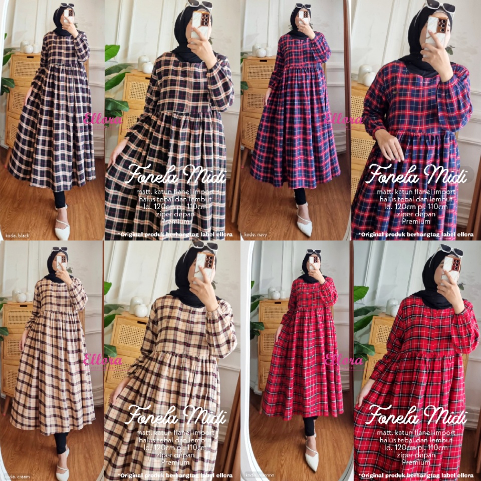 fanela midi | midi dress korea | midi kotak - kotak