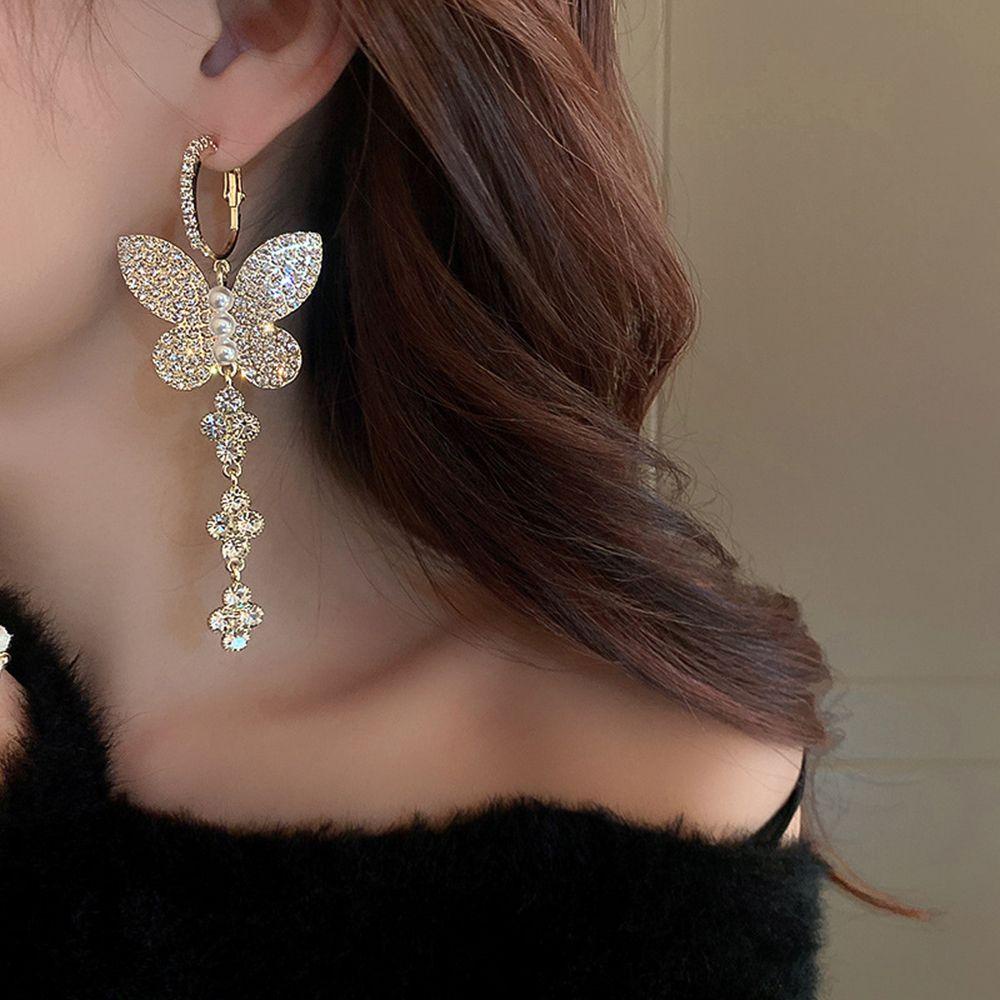 Needway Anting Berlian Kepribadian Elegan Retro Bunga Kupu-Kupu Cinta Wanita Gadis Anting Gaya Korea