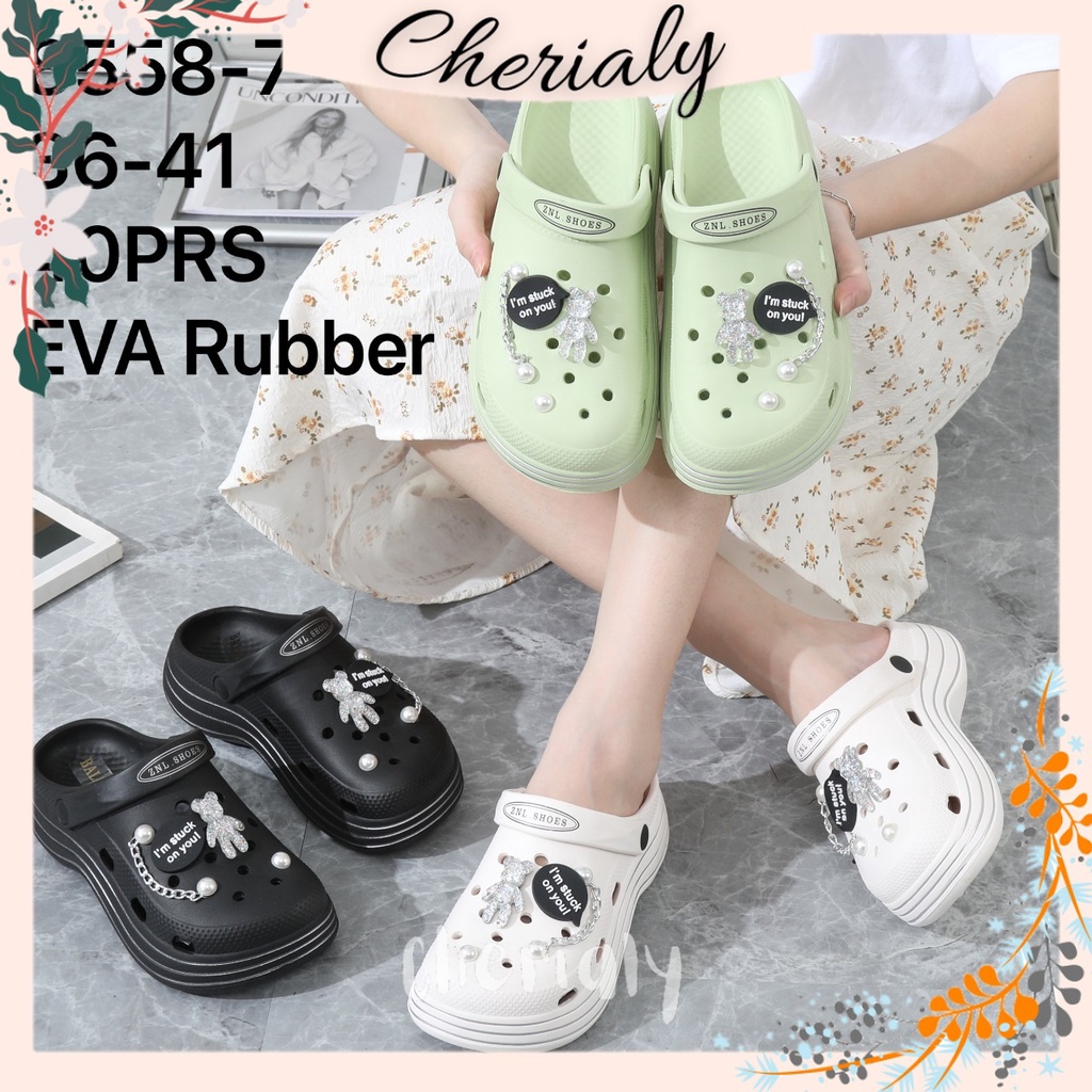 EVA Sandal Wanita Slop CR0CS Import Motif White Bear Bahan EVA Ringan Super Soft Empuk Rubber Non-Slip Sol 8558