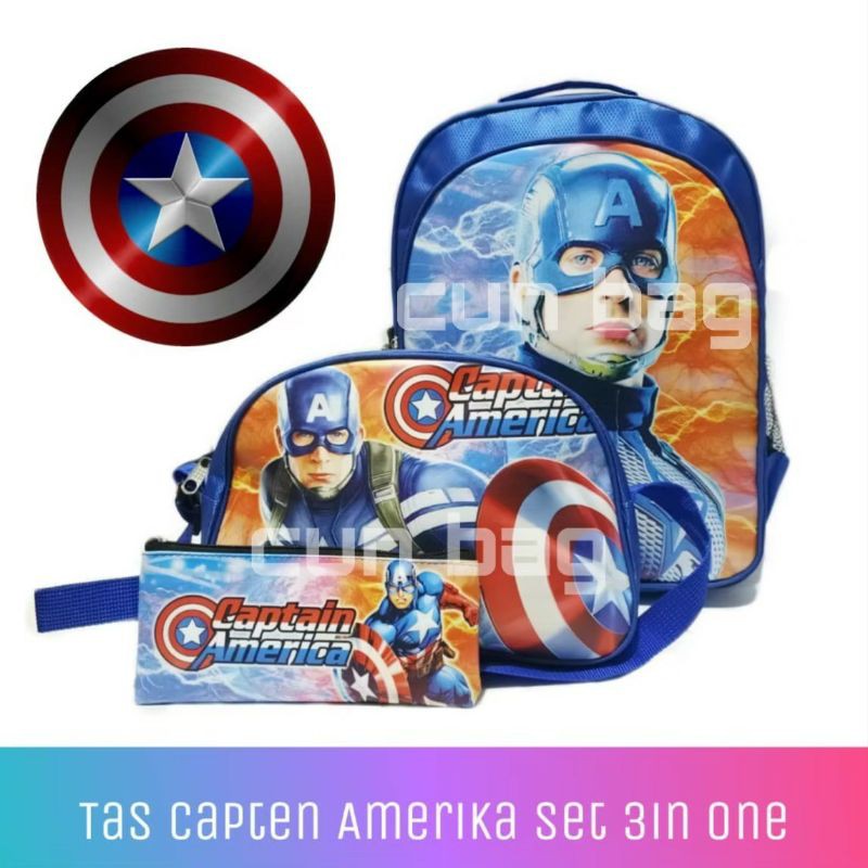 tas 3in1 set kapten amerika kapten marvel/tas rangsel sekolah laki laki tas punggung