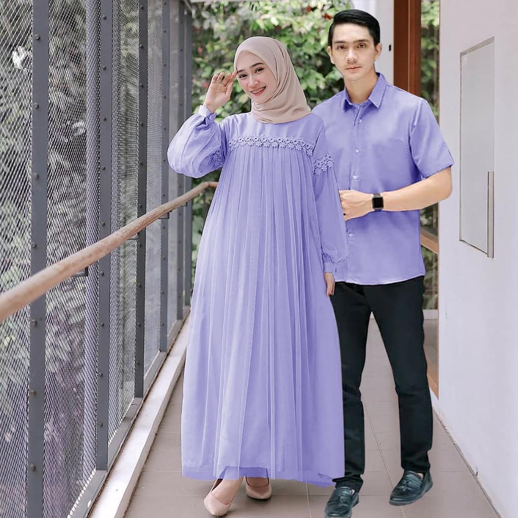 ATTA COUPLE bahan MOSSCRAPE MIX TILE TUTU COMBI RENDA Gamis Couple Model Terbaru Fashionable + Kemeja Pria ukuran one size Couple pasangan lebaran 2023 kekinian Couple pasangan dress dan kemeja Couple jumbo suami istri