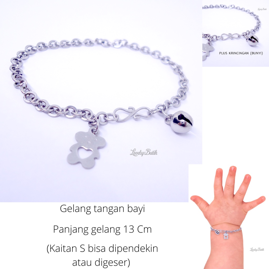 Lovelybutik Gelang Tangan Gelang Kaki Bayi Monel Kerincing Baby 0-2 Tahun Bear Kecil Krincingan Baja Putih Stainless Steel