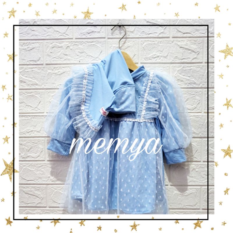 Baju Gamis busana muslim aqiqah polkadot tile dot tulle polka brokat brukat anak bayi baby perempuan newborn set hijab-Biru muda