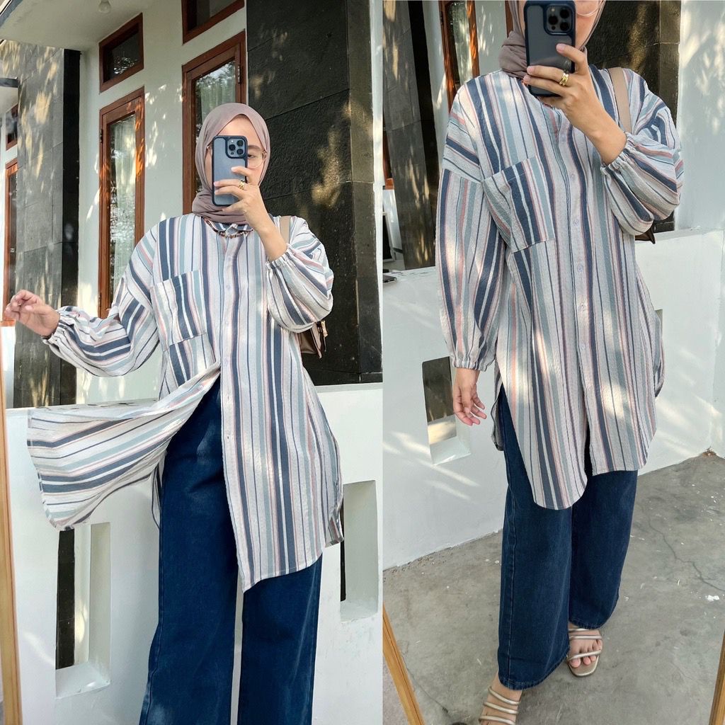 Tq88indonesia Fashion Baju Tunic Stripe Wanita Terbaru  / LIDYA CUTE TUNIK Busui Salur / Busana Casual Muslimah / Ootd / Outfit Casual Kekinian