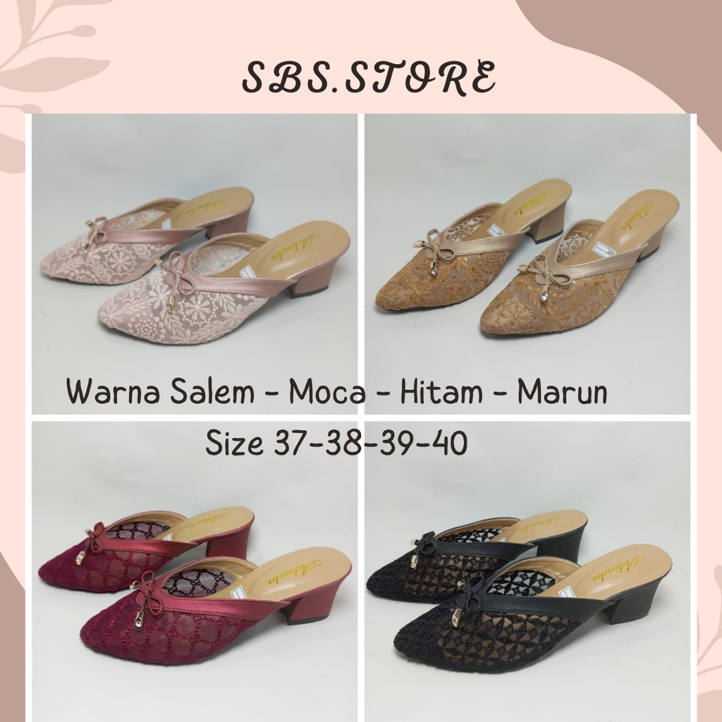 Sendal/Sandal Brukat Wanita Hak Tahu 5cm/Bustong Pesta Pernikahan/Sepatu Wanita Hak tinggi/Remaja/Highheels/Hak Tinggi/Selop Wedges/High Heels/Sandal Pesta Hak Mules Brukat Jala/Slop Perempuan Pesta Kondangan Model Berukat Pita Original Import/Higheels