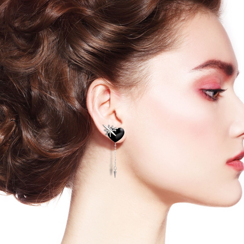 Fancyqube Anting Rumbai Bentuk Hati Asimetris Warna Hitam Untuk Wanita