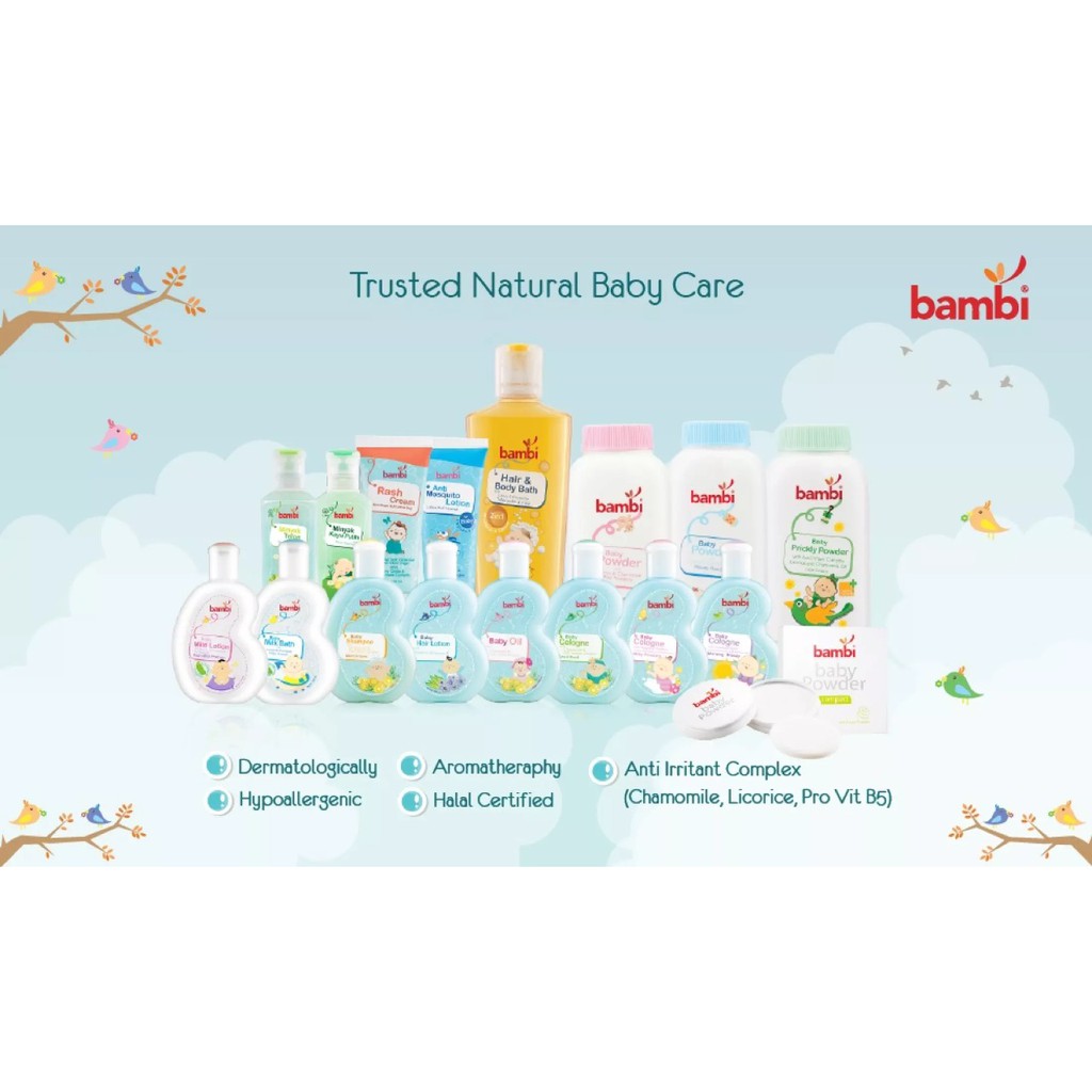 BAMBI MURAH COLOGNE / HAIR LOTION / BABY BATH MILK / DIAPERS RASH CREAM / HAIR GEL / MINYAK TELON / BABY POWDER / SKIN PROTECTION / BABY LOTION / ANTI MOSQUITO BAMBI BABY DERMACARE