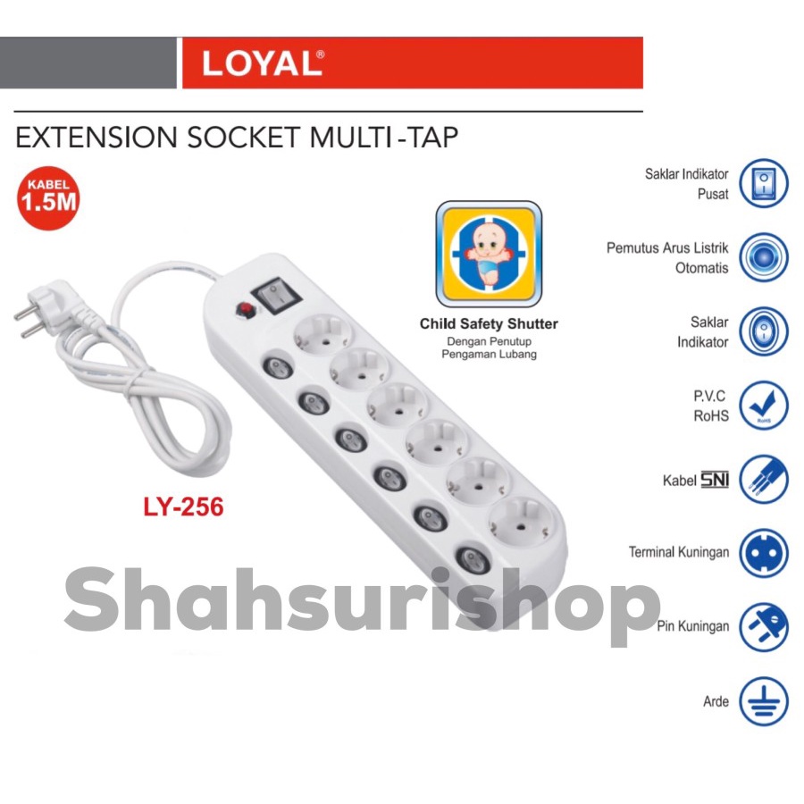 STOP KONTAK LOYAL LY 256 6 LUBANG 1,5 METER EXTENSION SOCKET MULTI TAP