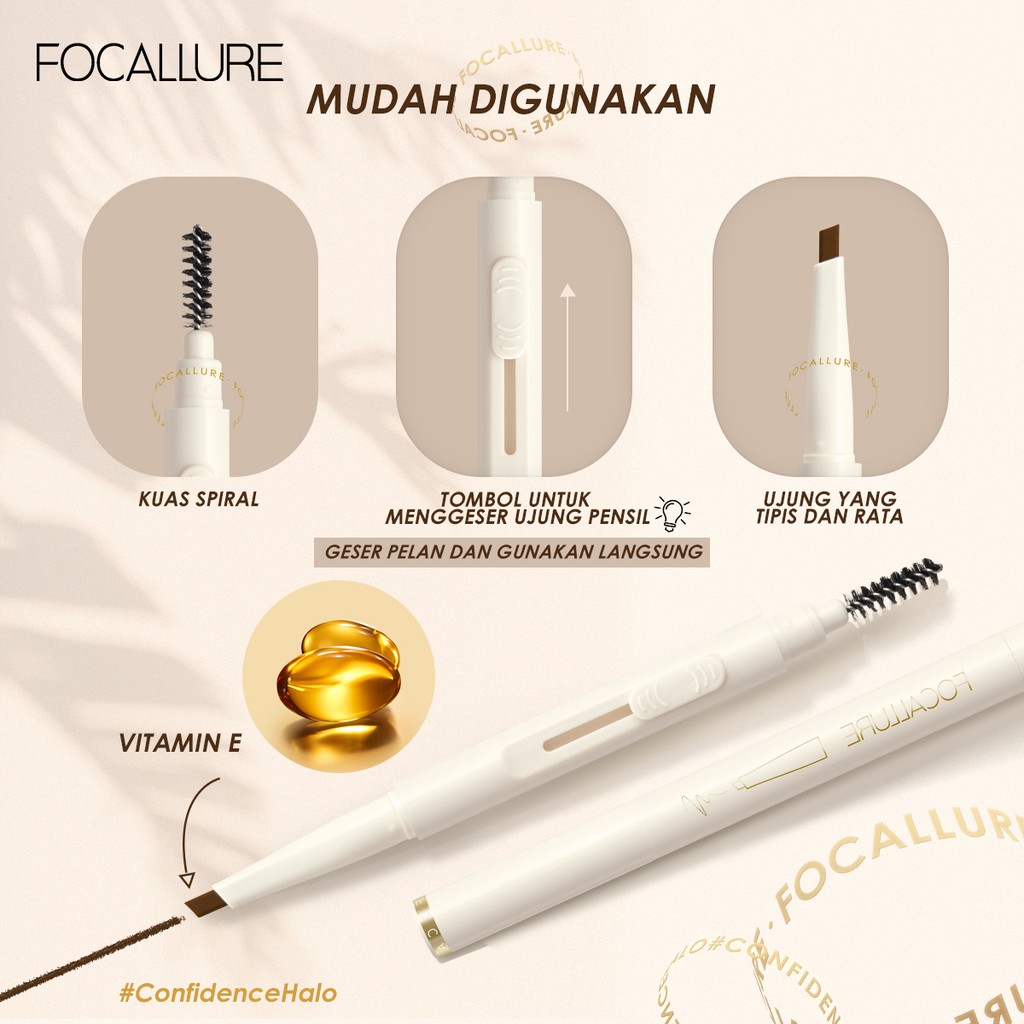 Focallure Tahan Air Sliding Eyebrow Pencil Pigmen tinggi Soft and Smooth Lasting Up to 12 Hours #ConfidenceHalo