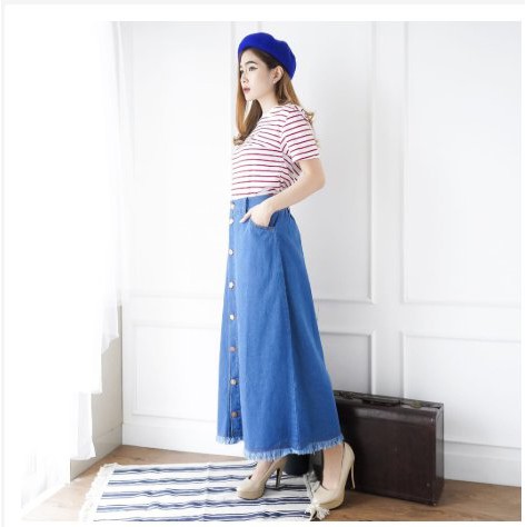 TERLARIS  ROK PANJANG JEANS WANITA DENIM - ROK PANJANG KANCING ROK DEPAN JUMBO