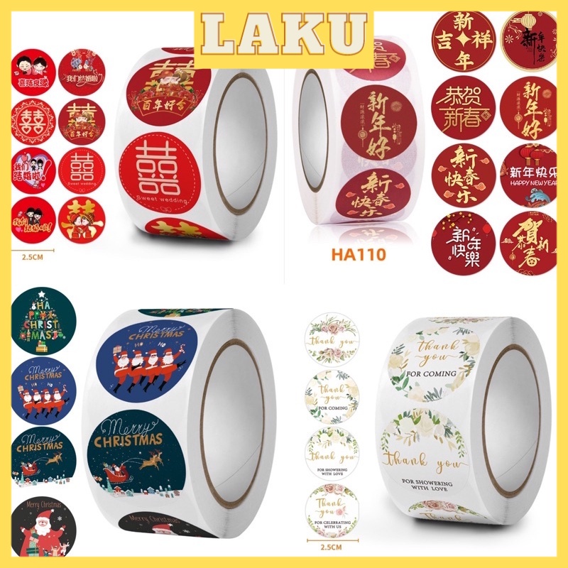 

LAKU 500PCS 1ROLL Sticker Label Event Wedding Christmas CNY New Year Stiker Packaging Acara