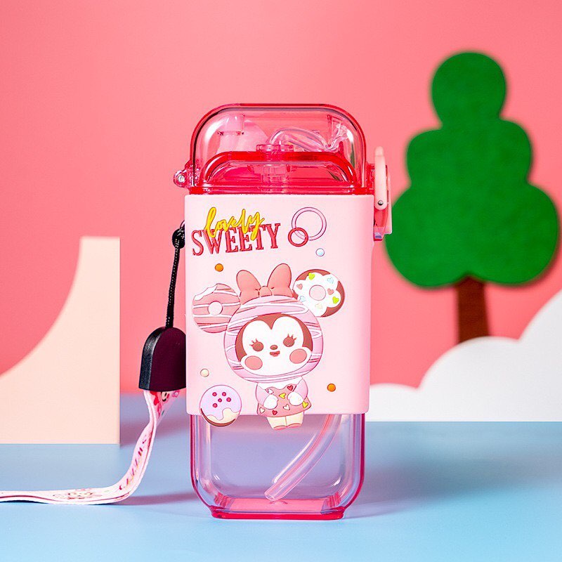 DISNEY Botol Minum Anak Unik dengan tali dan sedotan /  ORIGINAL Disney water bottle Elsa Mickey donald Cars / Botol Minum Anak disney-Sweety pink