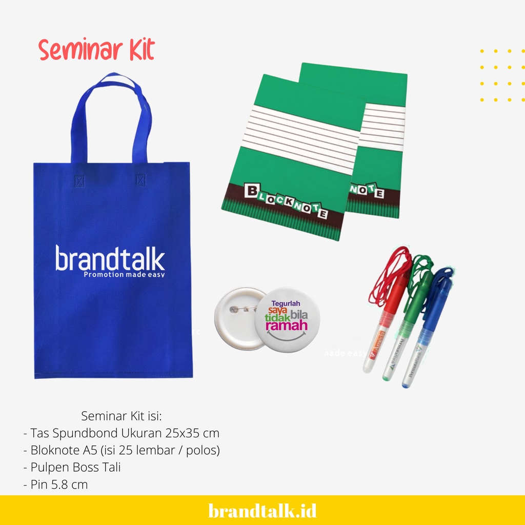 

Paket Seminar Kit - isi Tas, Bloknote, Bolpoin, Pin (CUSTOM)