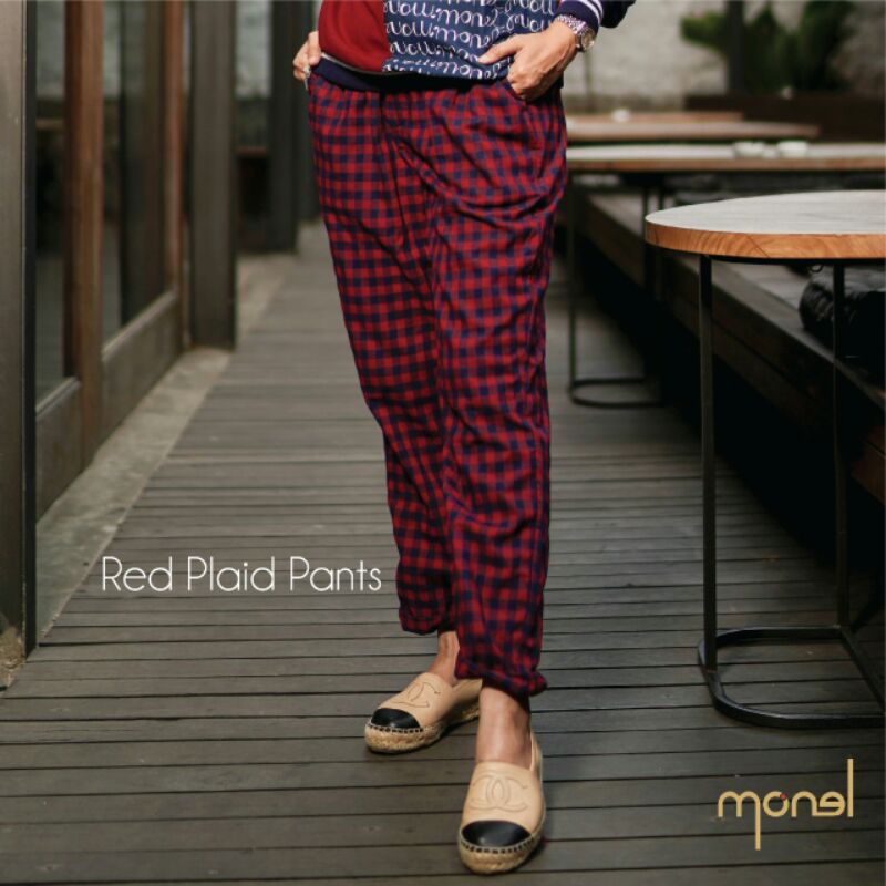 red plaid & black plaid pants by monel