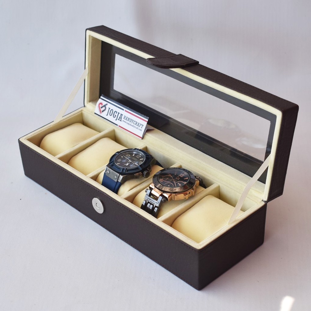 Premium Quality JUMBO Size Kotak Jam Tangan Isi 5 / Tempat Jam / Watch Box Coklat krem