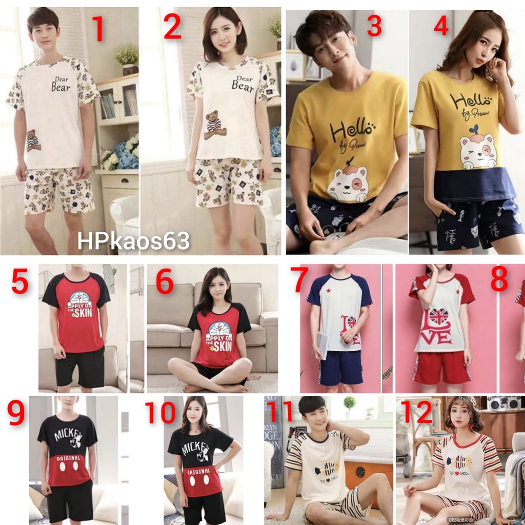 Baju tidur piyama lengan pendek celana pendek bahan kaos import HPcouple