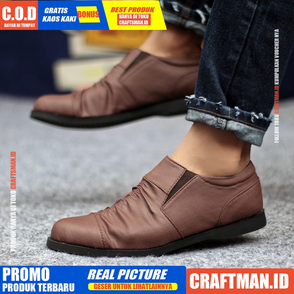 CRAFTS Sepatu Slip On Pria Sepatu Casual Pria Sepatu Pria Casual Kulit Pu Cowo/Cowok Ori Sepatu Kasual Santai Gaya Keren Kekinian Murah Terlaris