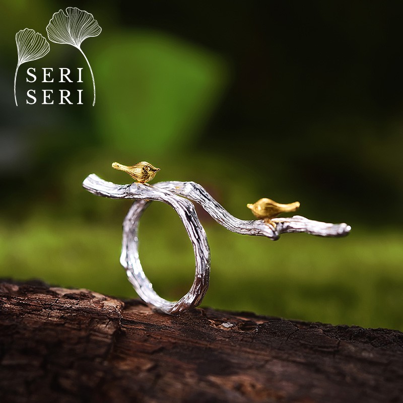 SERI SERI Cincin Wanita Perak 925 Asli Bird on Branch Sterling Silver Adjustable Ring Burung Ranting