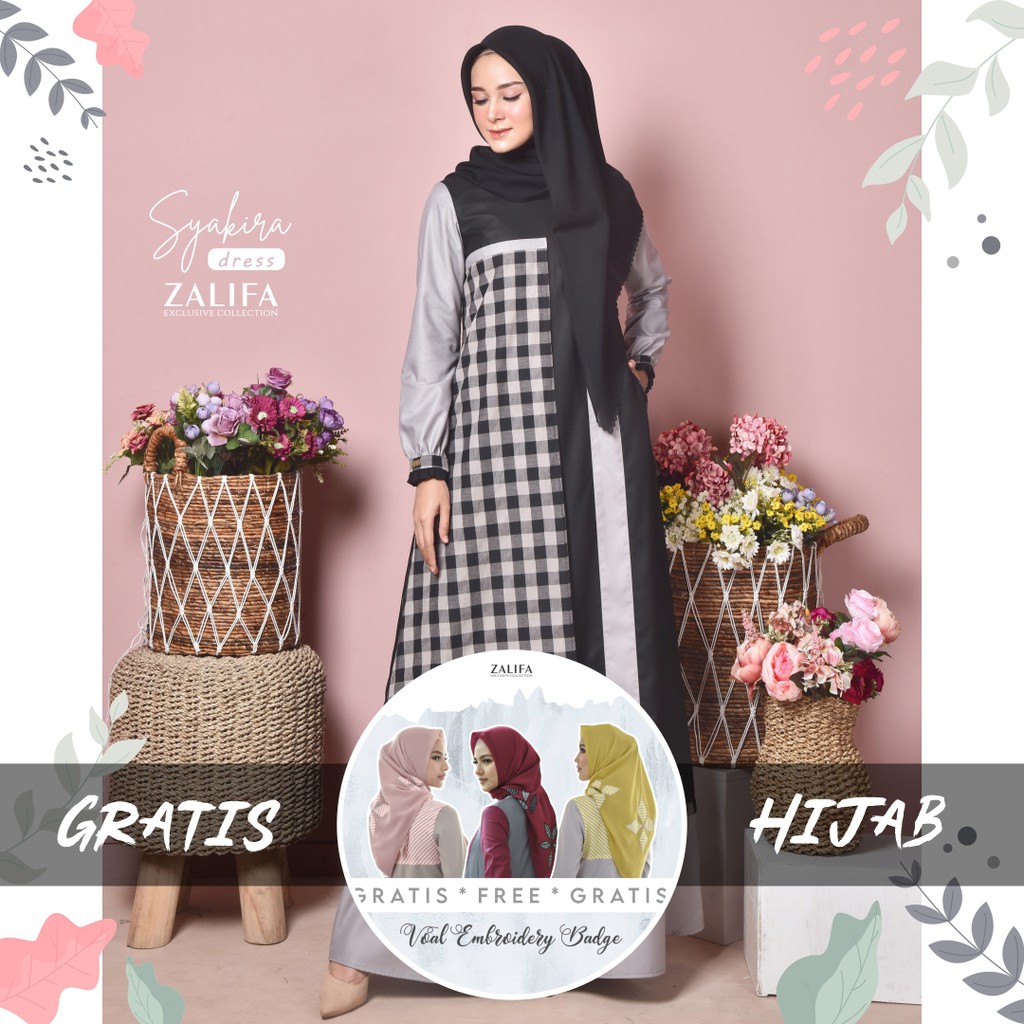 GRATIS HIJAB - Syakira Dress by Zalifa Exclusive Collection - Baju Muslim Wanita - Gamis Hitam