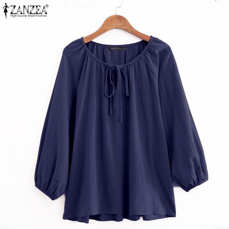 ZANZEA Women Casual Vintage 3/4 Puff Sleeve Solid Color Blouse