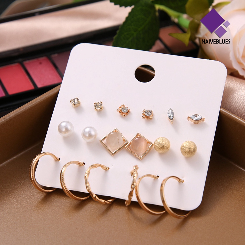 9 Pasang Anting Stud Mutiara Berlian Imitasi Bentuk Geometris Untuk Wanita