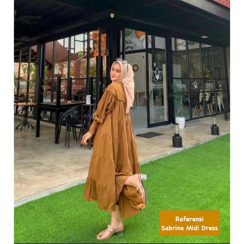 BISA COD SABRINA DRESS MIDI DRESS GAMIS MIDI KATUN RAYON POLOS RUFFLE DADA TANGAN BALON BUSUI JUMBO 