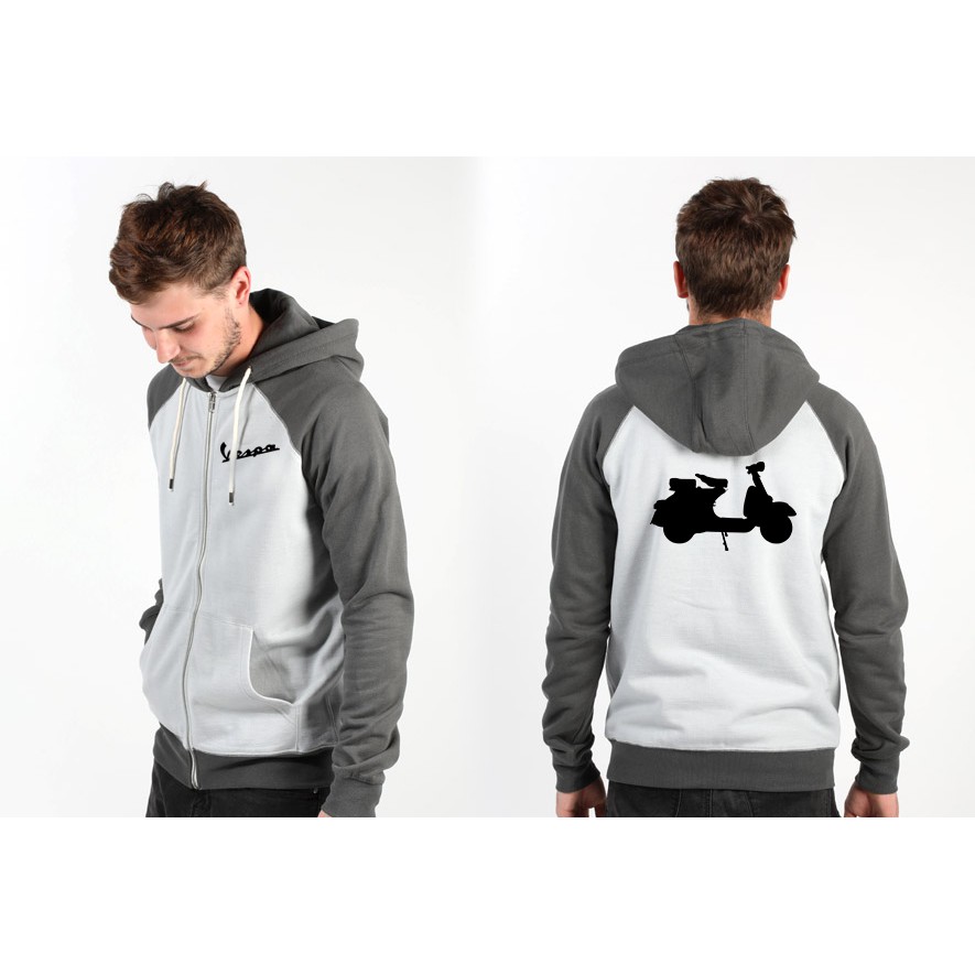 JAKET ZIPPER RAGLAN VESPA MOTOR TOURING KOMBINASI PUTIH LENGAN ABU-ABU BIG SIZE MURAH TERBARU