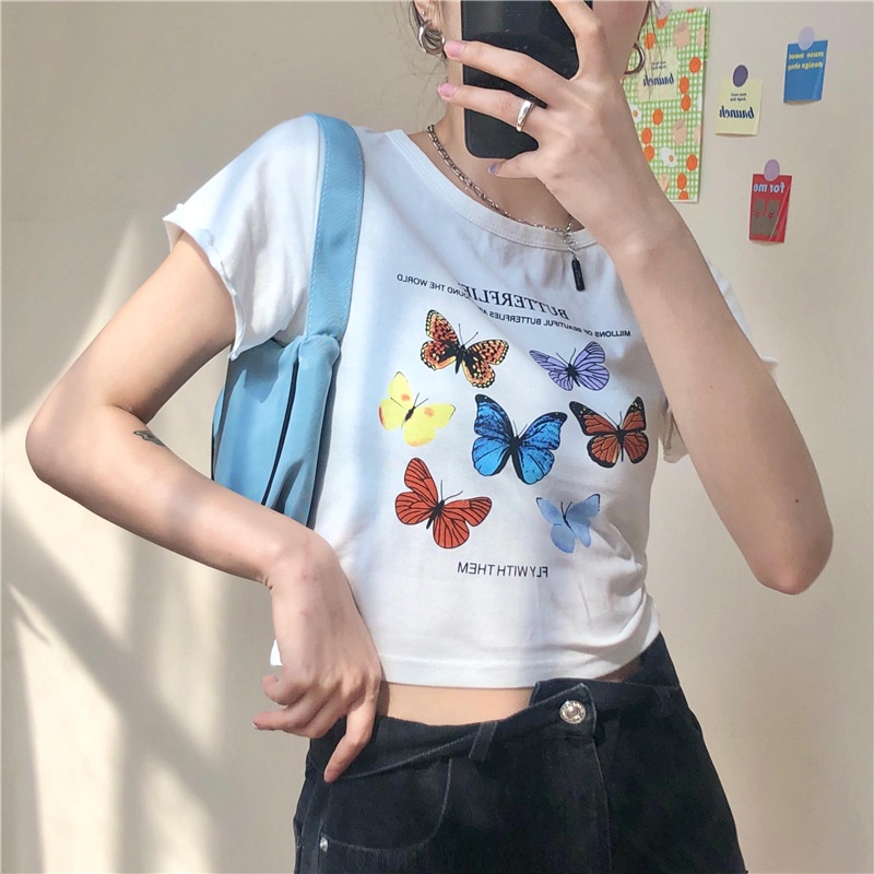 MOOGU ♡ Print crop top kaos wanita t-shirt lengan pendek atasan baju wanita