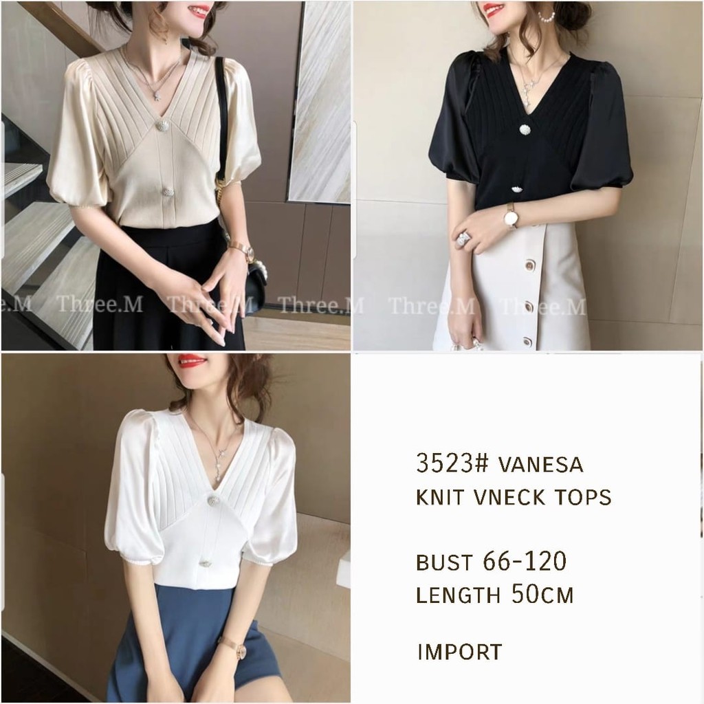BLOUSE 3523 VANESA KNIT VNECK TOPS FASHION IMPORTIR PAKAIAN Wanita IMPOR TERMURAH Berkualitas IMPORT