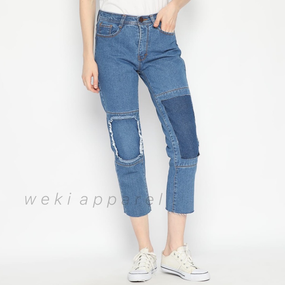 Weki - Boyfriend Jeans Patchwork Unfinished