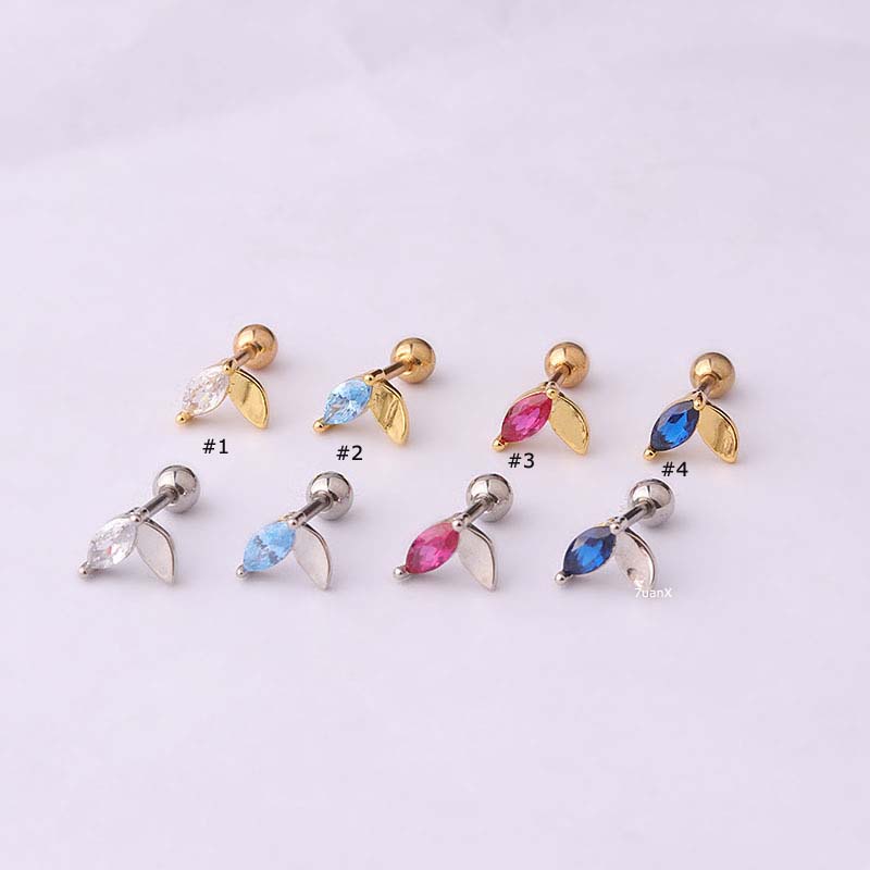 1pc Anting Tindik Tulang Rawan Telinga Bentuk Daun 16Gauge Helix Bahan Stainless Steel Dengan Zircon