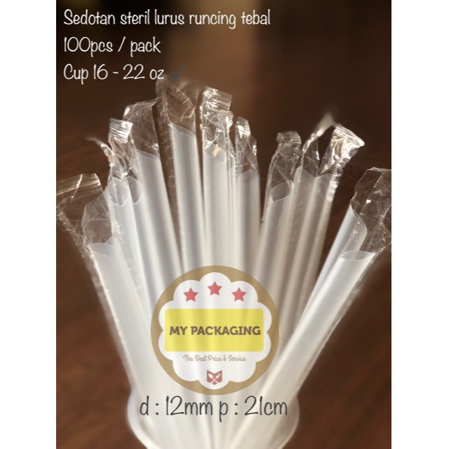 Sedotan Bubble BOBA Steril Bungkus Plastik Lurus Runcing 12mm 21cm isi 100pcs/pack kuat bersih tidak mudah sobek