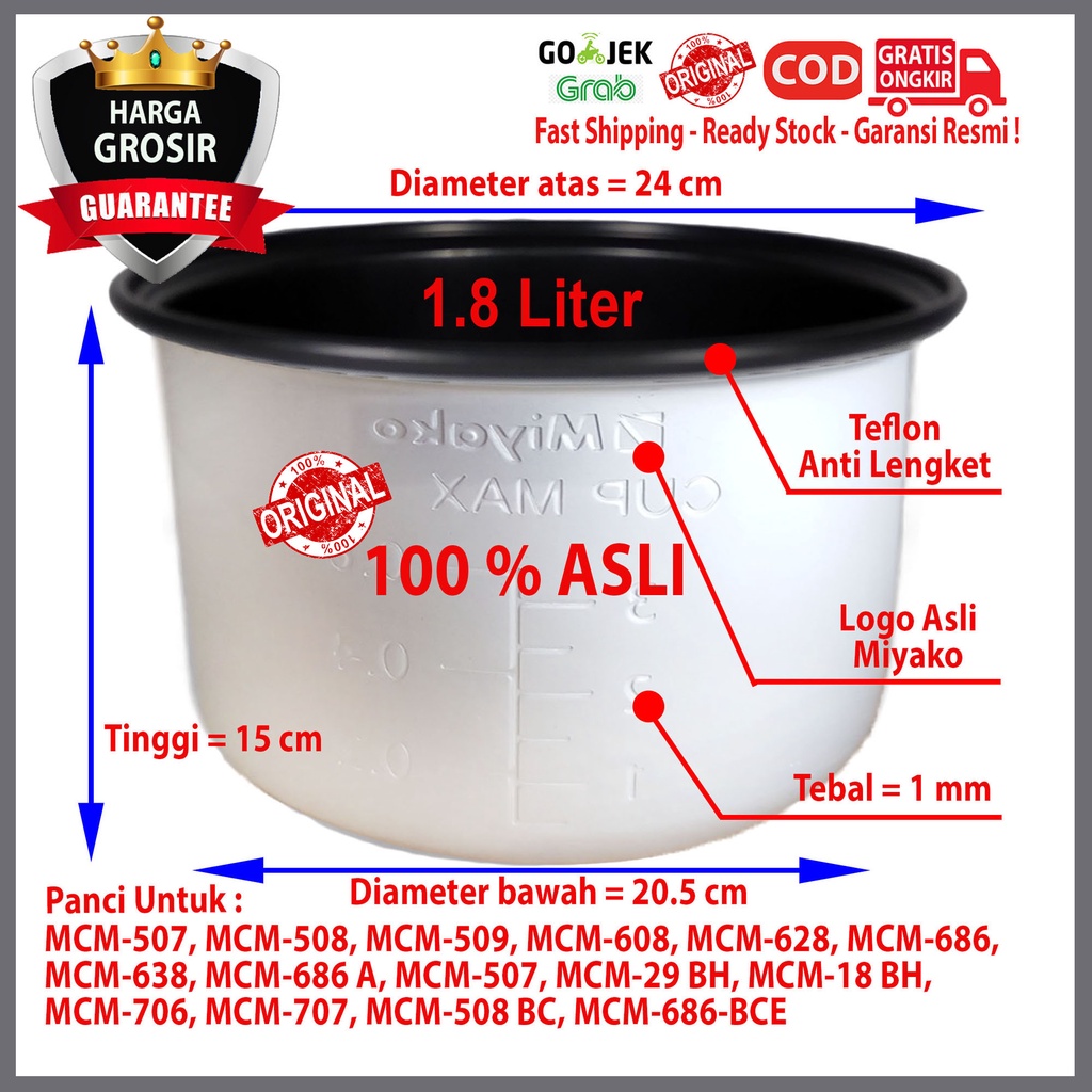 PANCI MAGIC COM MIYAKO 1.8 L TINGGI 15 CM Panci Rice Cooker Miyako 1.8 L Panci Magiccom Megicom Miyako 1.8 Liter Anti Lengket Original Panci Teflon Daleman Miyako 1.8 L