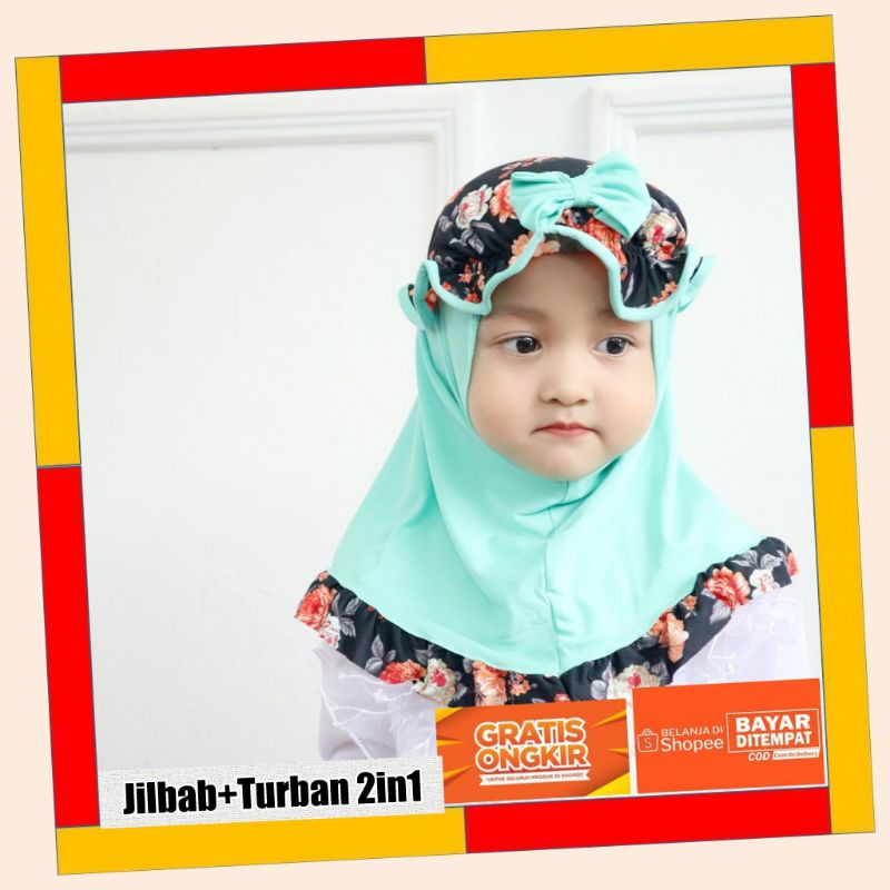 2in1 Jilbab + turban topi bayi &amp; anak led musik 0-2 tahun alisa flower