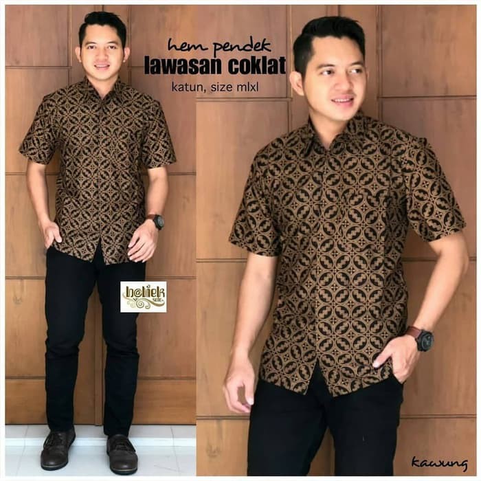 KEMEJA BATIK PRIA LENGAN PENDEK BATIK LAWASAN COKLAT KAWUN BAJU ATASAN