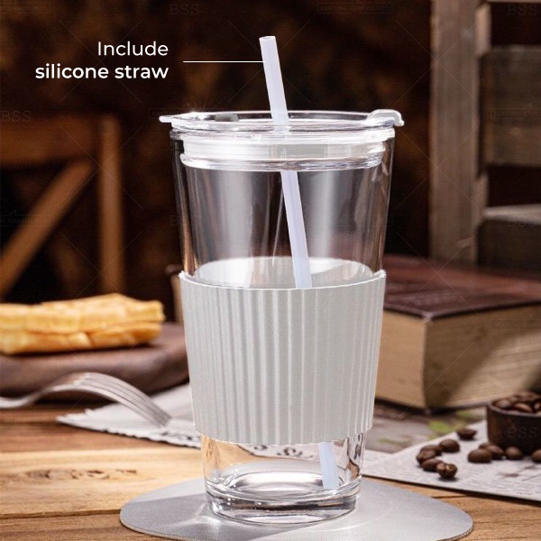 Gelas Minum Kopi Tumbler 450ml Anti Panas Kaca Glass Dengan Sedotan Silikon Simple Elegan Milk Cup