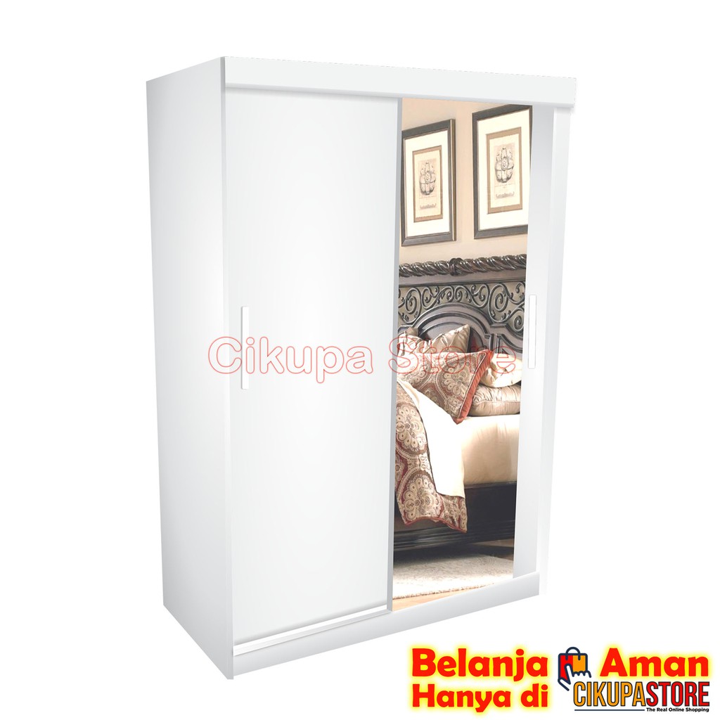 Lemari Pakaian 2 Pintu Sliding LS211-1C + Kaca - Putih