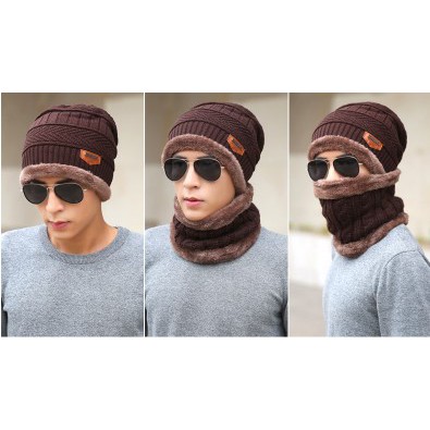 TOPI SYAL KUPLUK RAJUT BEANI SCARF BAHAN TEBAL 2 IN 1 SET TOPI HIKING BAHAN WOOL