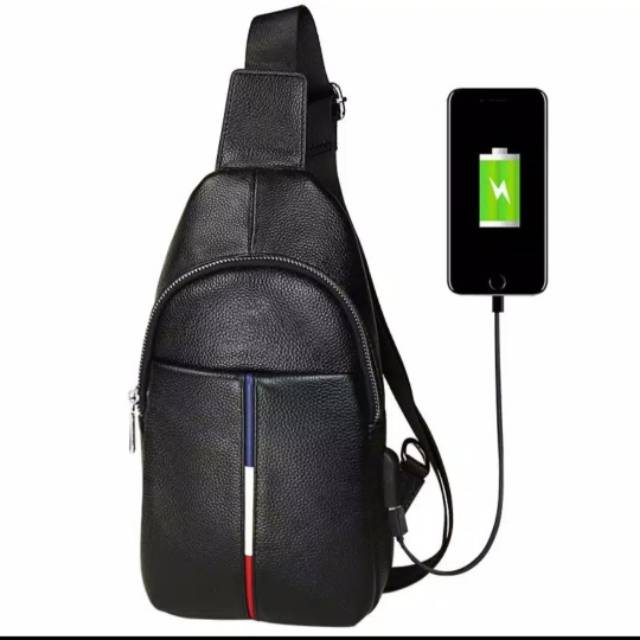 Tas Slempang Kulit USB sling bag port dada pria hp import