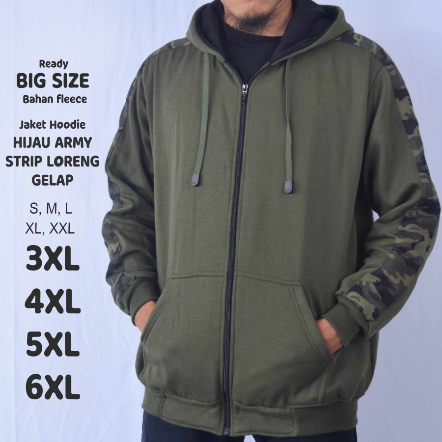 Jaket Hoodie Hijau Army Strip Loreng Pria Jumbo Big Size