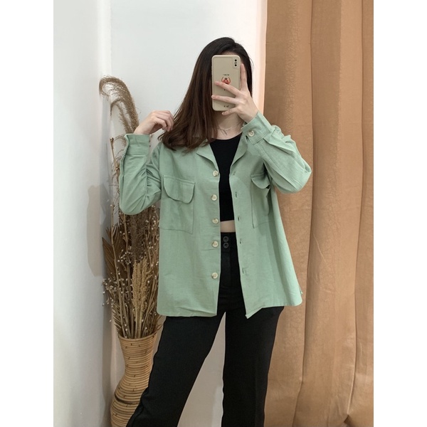 Misty Long Shirt - PLENARIO ID | Kemeja wanita - Oversize - Bahan linen - atasan wanita - shirt kemeja - COD-Mint