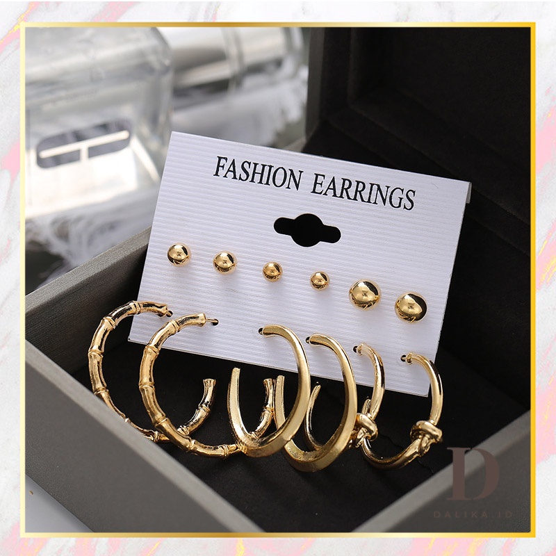 Anting Set Tusuk 6 Pasang Korea 3 Hoop dan 3 anting bulat Dalika